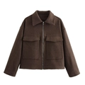 Close-up detail of burgundy woolen jacket featuring large pockets and metallic zipper - Chestnut