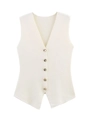 Detail of V-neck knit vest featuring textured cream fabric and gold buttons - Apricot