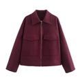 Detailed close-up of burgundy wool jacket featuring large utility pockets and zip closure - Burgundy