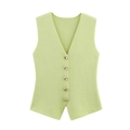 Detailed view of mint green V-neck knit vest featuring five premium gold buttons - Light Green