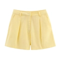 Detail van lichtgele A-lijn short met hoge taille, plooien en zijzakken - S / Shorts
