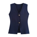 Détail du gilet en tricot bleu marine avec col en V et boutons ronds dorés polis - Bleu marine
