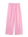 Detail view of the high-waisted elastic waistband on pink satin wide-leg pants - Pink Pants