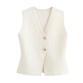 Gilet en tricot crème pour femmes avec col en V, boutons dorés élégants et coupe ajustée - S / Blanc Cassé