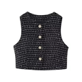 Close-up of tweed vest fabric texture with decorative golden woven metal buttons - S / Tops / Black
