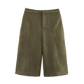 Detail of olive green faux suede A-line shorts with a high-waisted flat front design - XS / Army Green