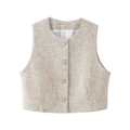 Detail of tweed vest featuring gold embossed buttons and woven metallic texture - S / Tops / Apricot