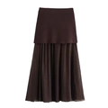 Detail of dark brown double-layer maxi skirt with pleated chiffon and A-line silhouette - S / Skirts / Chestnut