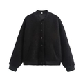 Chaqueta negra para mujer con cuello béisbol, textura de grano y acabados elásticos - S / Negro