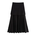 Detail view of black double-layered midi skirt with pleated chiffon hemline and smooth top - S / Skirts / Black