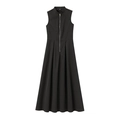 Robe mi-longue évasée sans manches noire avec col montant et fermeture éclair frontale - XS / Noir
