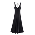 Vestido lencero de satén negro con cuello desbocado y lazos ajustables en espalda - XS / Negro