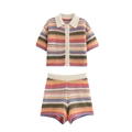 Detail of crochet polo top and shorts set featuring vibrant rainbow striped knit pattern - Red Striped Set