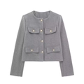 Veste élégante en tweed gris à manches longues et boutons dorés sur fond blanc - Gris