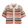 Detail of multi-color striped crochet knit polo shirt with white collar and buttons - Red Striped Top