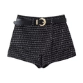 Detail of tweed A-line shorts with black leather belt and golden embossed buckle - S / Bottoms / Black