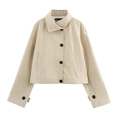 Veste trench courte beige pour femme avec revers classique et boutons contrastés - XS / Kaki clair