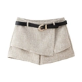 Detail of tweed skort with metallic ring belt and sophisticated woven texture fabric - S / Bottoms / Apricot