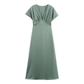 Robe midi en satin vert Morandi avec col en V et manches kimono en texture de soie - Vert