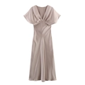 Robe midi élégante en satin champagne avec col en V et manches chauve-souris raffinées - Champagne