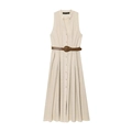Vestido evasé sin mangas color blanco roto con cuello en V y cinturón de cuero marrón fino - XS / Color Avena