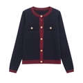 Dunkelblaue Strickjacke mit weinrotem Rand und eleganten goldenen Knöpfen für Damen - S / Dunkelblau