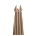 Gehaakte maxi-jurk voor dames met kleurrijke golfpatronen en een diepe V-hals halter-stijl - S / Zoals getoond