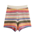 Detail of high-waisted crochet shorts with colorful bohemian stripes and hollow texture - Red Striped Shorts