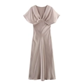 Elegant champagne satin dress with deep V-neck and ruffled short sleeves for women - XS / Champagne