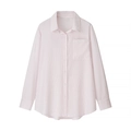 Women's light pink striped long-sleeve shirt with delicate white lace trim on pocket and cuffs - S / Light Pink Top