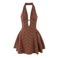 Vintage braunes Neckholder-Kleid mit schwarzen Punkten und tiefem V-Ausschnitt Damen - S / Braun Punktiert