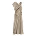 Robe midi en satin champagne élégante avec décolleté asymétrique et détails plissés - XS / Imprimé