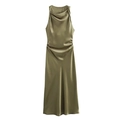 Olive green satin sleeveless dress with cowl neck and elegant draped silhouette - XS / Tea Green
