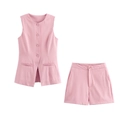 Detailed view of the pink sleeveless vest and matching high-waisted shorts set - S / Top And Bottom / Pink