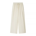 Chic cream high-waisted wide-leg trousers with drawstring and soft textured fabric - S / Light Yellow Pants