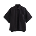 Detail of short sleeve black oversized shirt with turn-down collar and chest pocket - Black