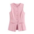 Dettaglio del gilet rosa senza maniche con scollo rotondo e chiusura a quattro bottoni - S / Gilet Rosa