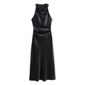Elegant black satin halter midi dress with a stylish cowl neck and sleek slim-fit silhouette - XS / Black