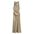 Elegant champagne satin dress featuring a cowl neck and ruched waist detail - XS / Khaki
