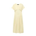 Élégante robe midi en satin jaune crème avec col en V et détail de taille géométrique - Jaune crème