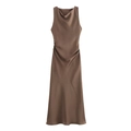 Elegant sleeveless brown satin dress featuring a cowl neck and ruched side detailing - Dark Khaki