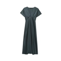 Robe longue élégante en satin gris bleu profond avec col en V et taille haute chic - Vert foncé clair