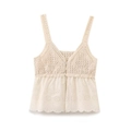Detail of French V-neck crochet lace camisole with floral embroidery and scalloped hem - XS / Beige