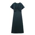 Robe longue élégante en satin vert foncé avec col en V et manches courtes, taille M - Bleu Marine