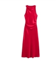 Elegant sleeveless red satin maxi dress with draped neckline and smooth glossy finish - Red