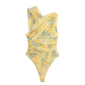 Floral print one-shoulder bodysuit with elegant yellow fabric and draped pleats - S / Yellow Floral