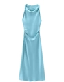 Sleeveless sky blue satin dress with a cowl neck and side ruching detail - Teal