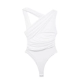 Elegant white one-shoulder bodysuit featuring cross halter neck and pleated ribbed fabric - S / White