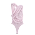 Pink one-shoulder sleeveless bodysuit with asymmetric pleats and elegant draped design - S / Light Pink