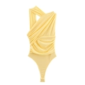 Chic light yellow one-shoulder bodysuit with ruched draped details and high-cut leg - S / Yellow